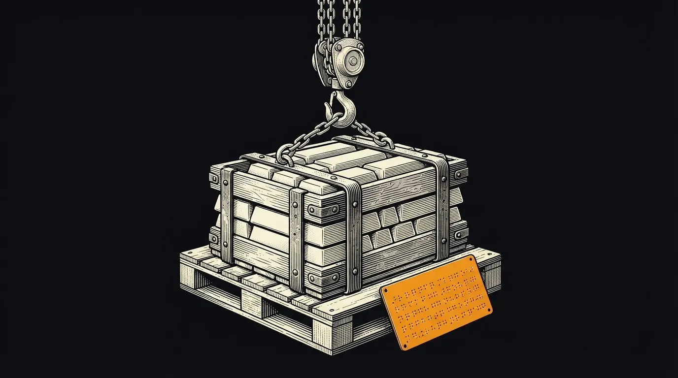 A crate of gold bars hooked to a chain hoist, with a small punched steel plate resting on the pallet.