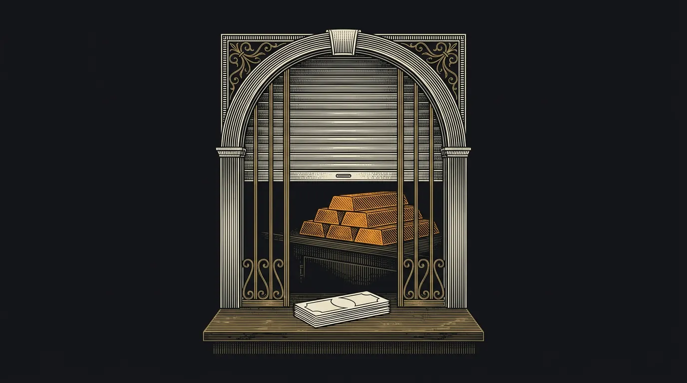 Engraving-style illustration of a bank teller window with its shutter coming down over stacked gold bars while a stack of blank paper notes sits on the counter.