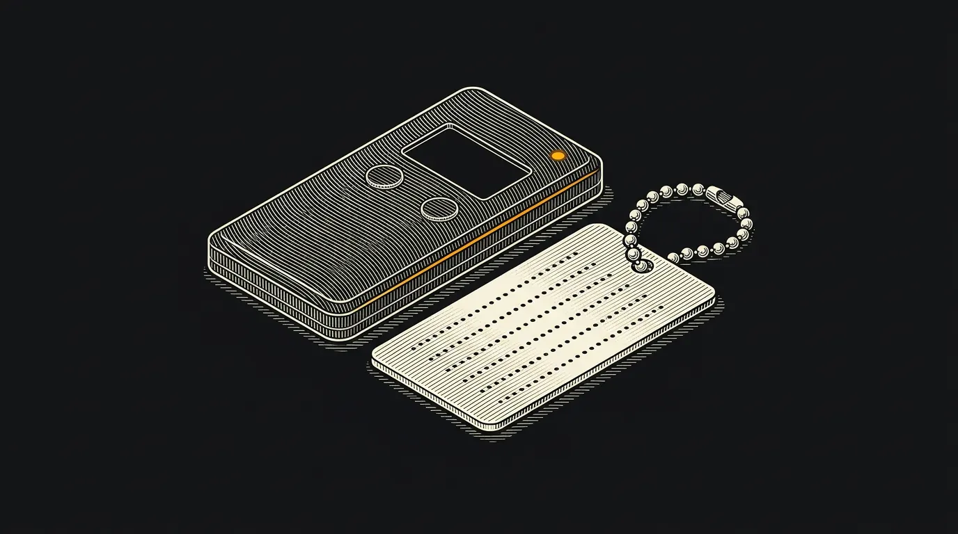 Engraving-style illustration of a small hardware wallet lying beside a stainless-steel seed backup plate on a short chain.