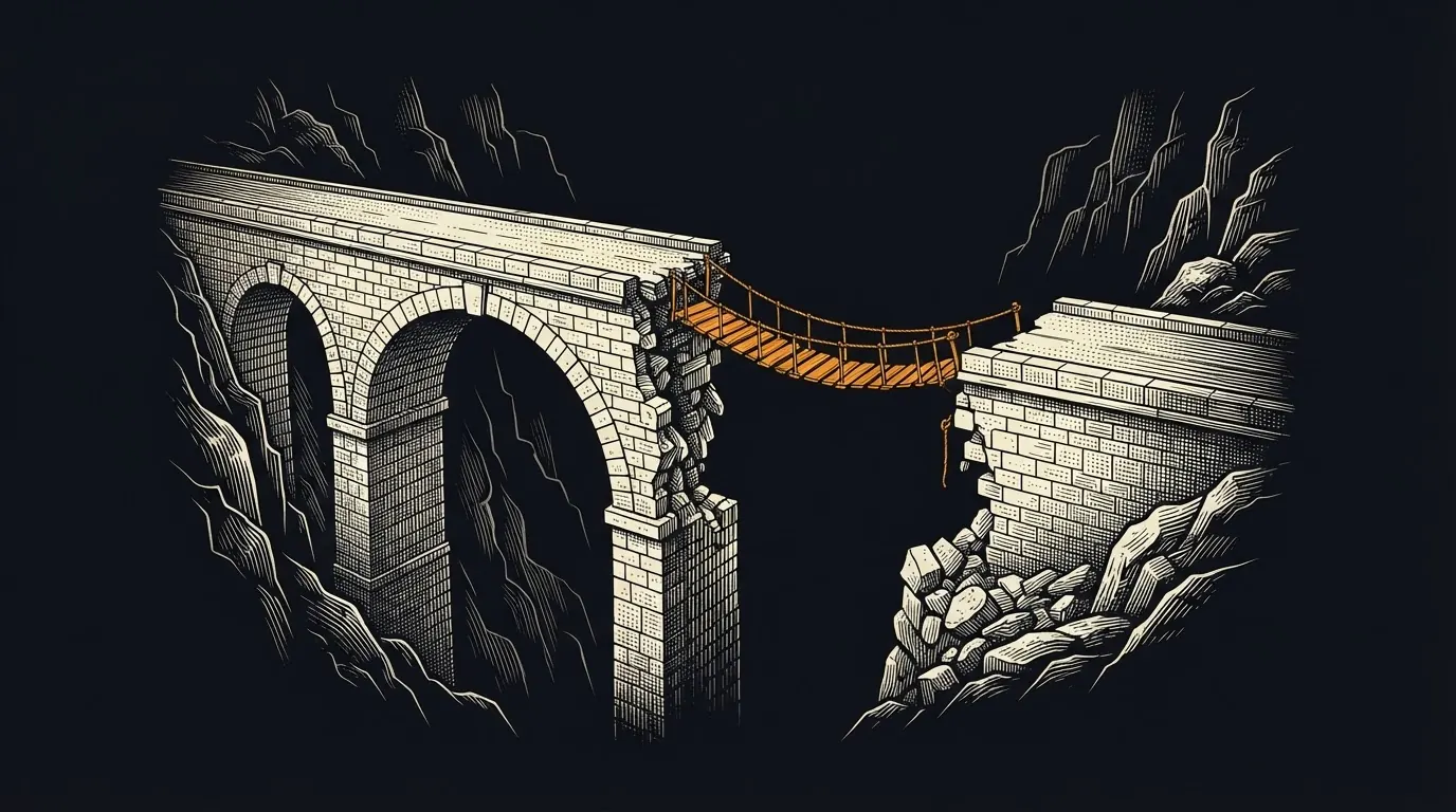 A stone bridge broken mid-span over a ravine, with a rope footbridge strung across the gap.