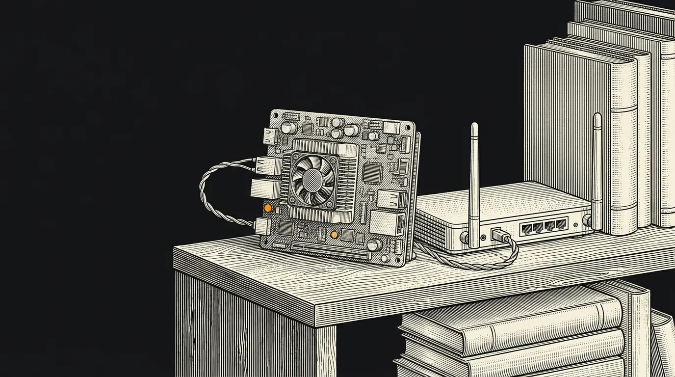 Engraving-style illustration of a small open-frame Bitcoin mining board with a cooling fan on a bookshelf, cabled to a home Wi-Fi router.