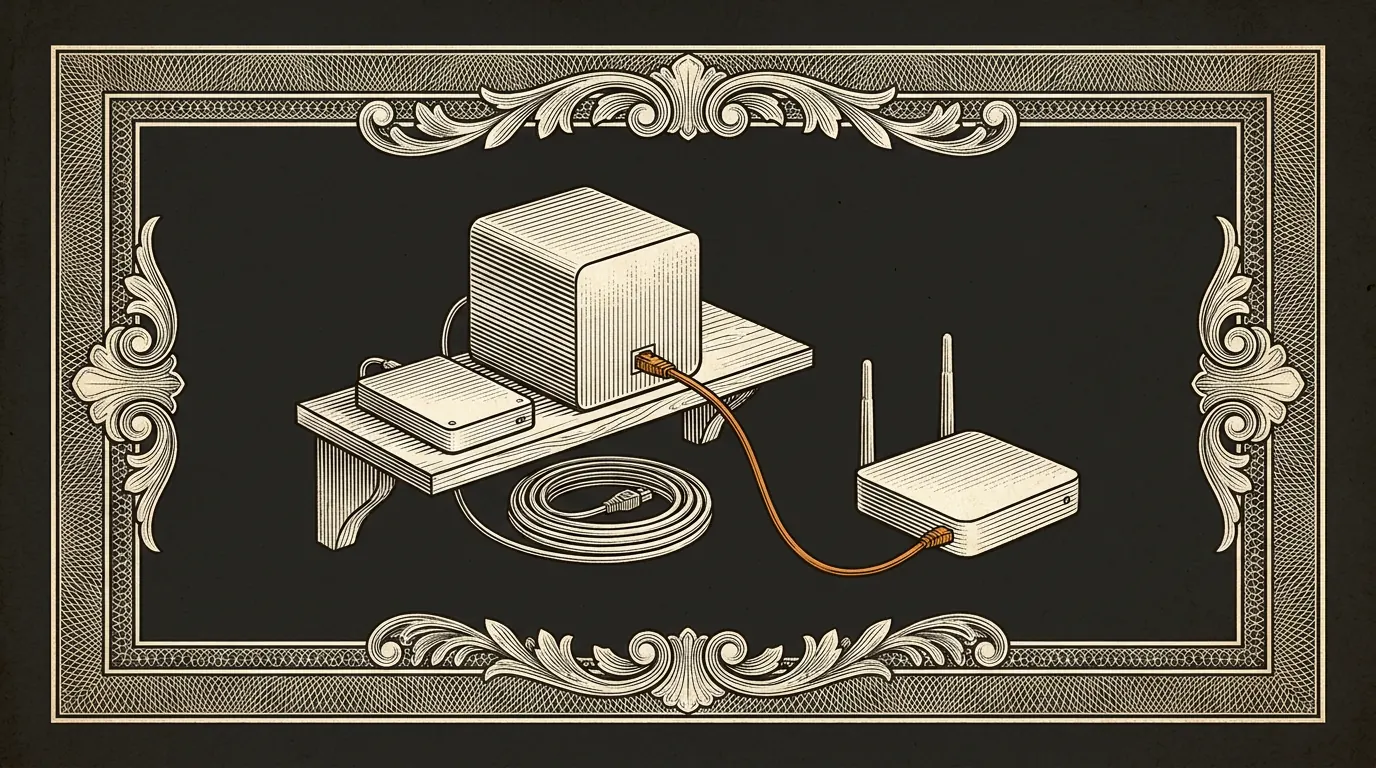 Engraving-style illustration of a small node computer with an external drive on a shelf, wired to a home router by an ethernet cable.