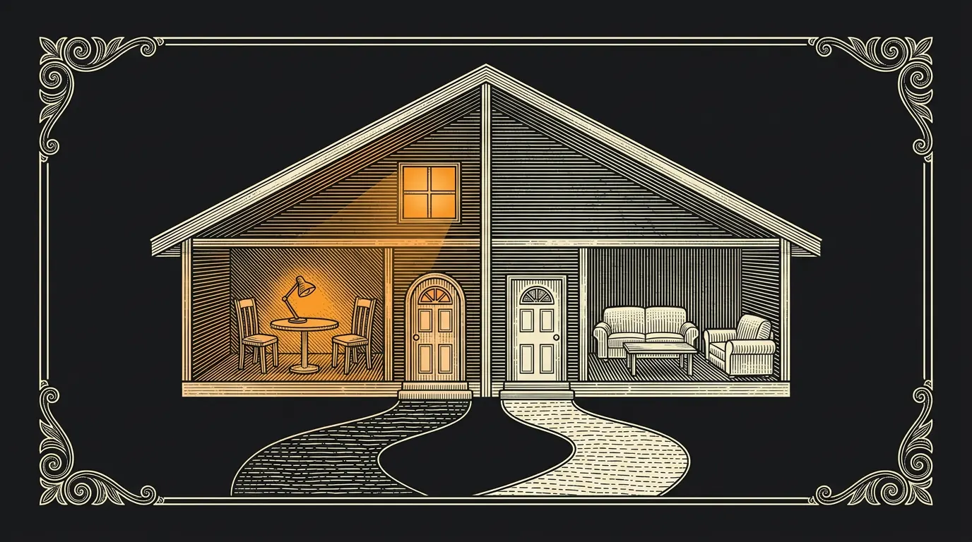 Cutaway illustration of a duplex under one roof: the owner's unit lit on the left, a separate rented unit with its own door on the right.