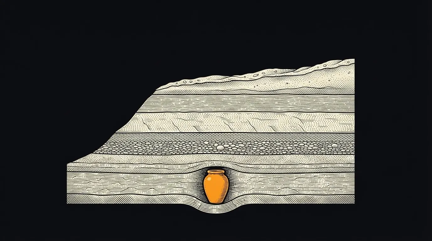 A cross-section of rock strata with a small sealed jar buried beneath six layers and a fresh layer settling on top.