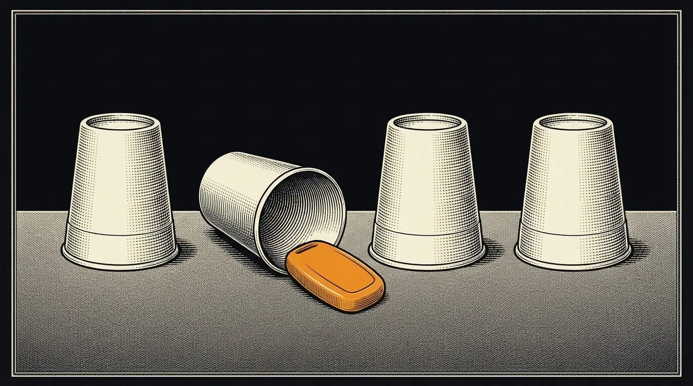 Four upturned cups on a felt table, one tipped up to reveal a car key.