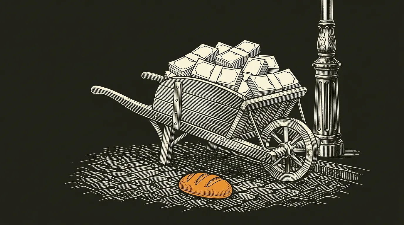 Engraving-style illustration of a wheelbarrow piled with bundles of banknotes on a cobblestone street, with a single loaf of bread on the ground beside it.