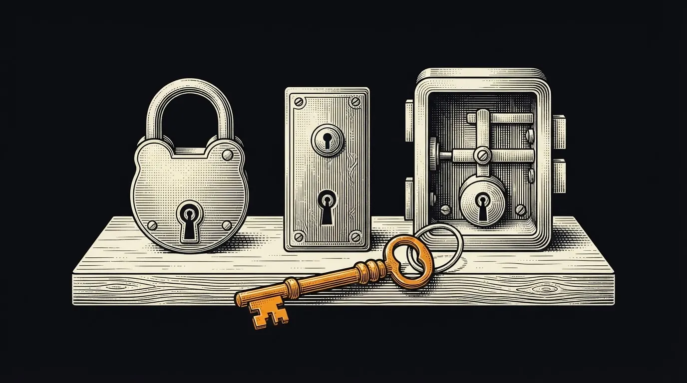 A large master key in front of a padlock, a door lock and a strongbox lock.