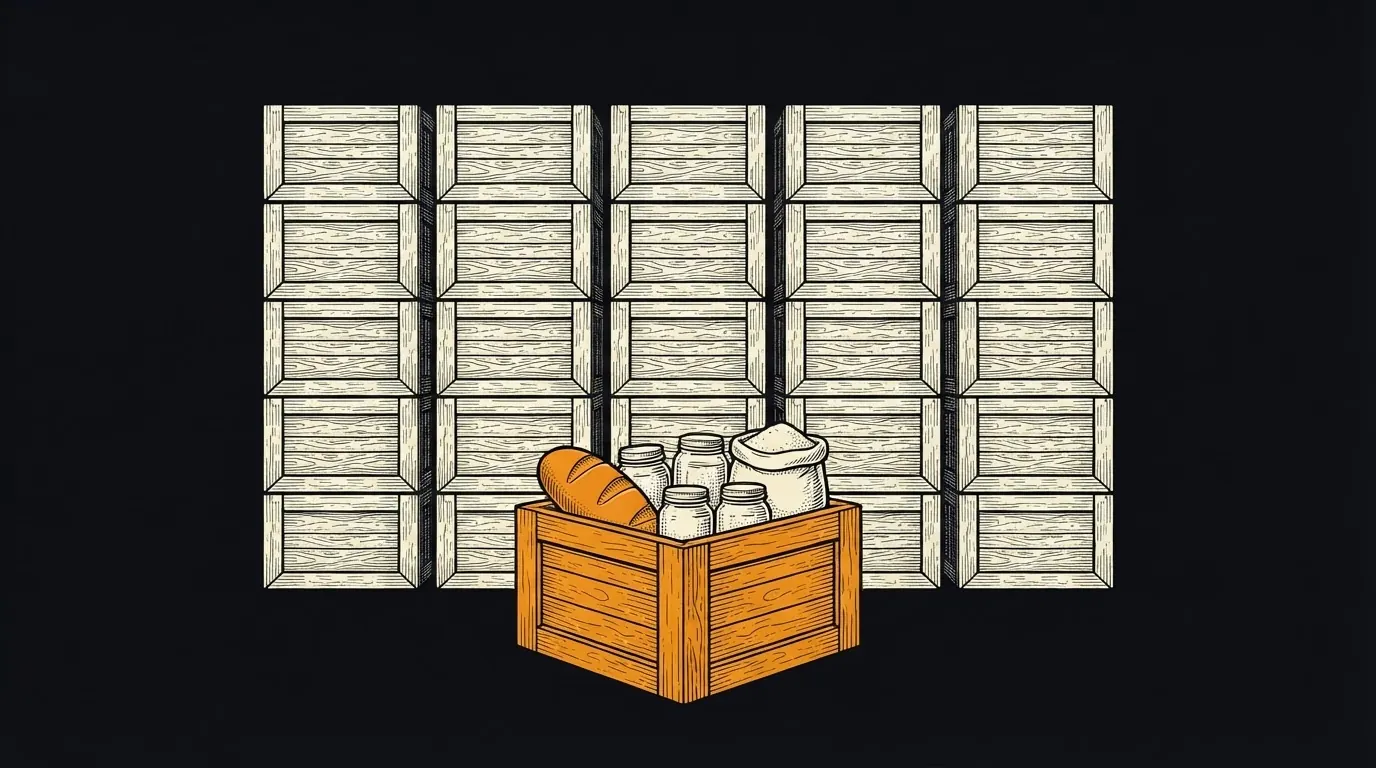 One open crate of provisions in front of a wall of twenty-five identical closed crates.