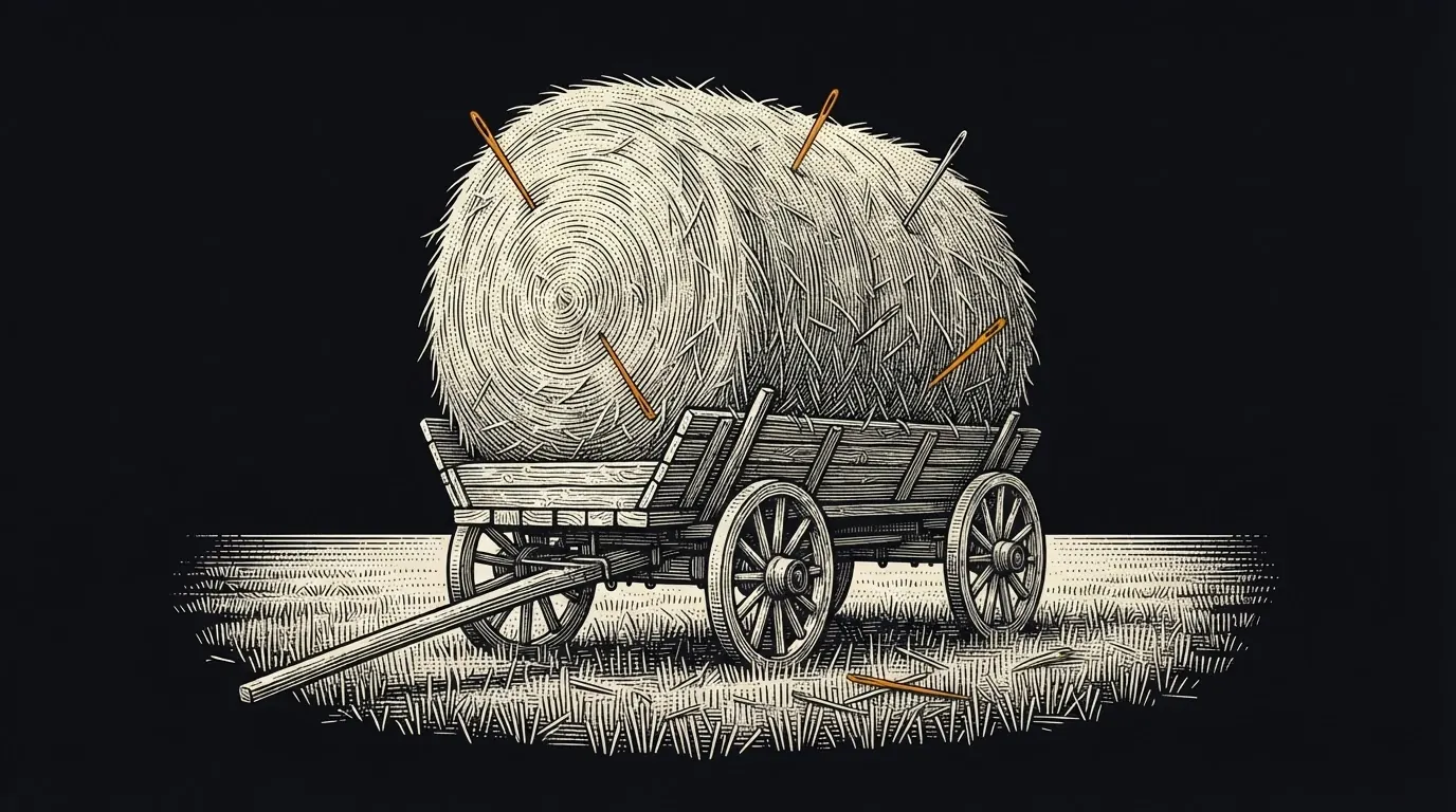 A whole haystack loaded onto a cart, with a few needles showing through the straw.