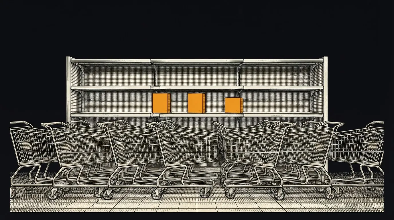 A nearly empty store shelf with three boxes and a crowd of empty shopping carts pressed in front of it.