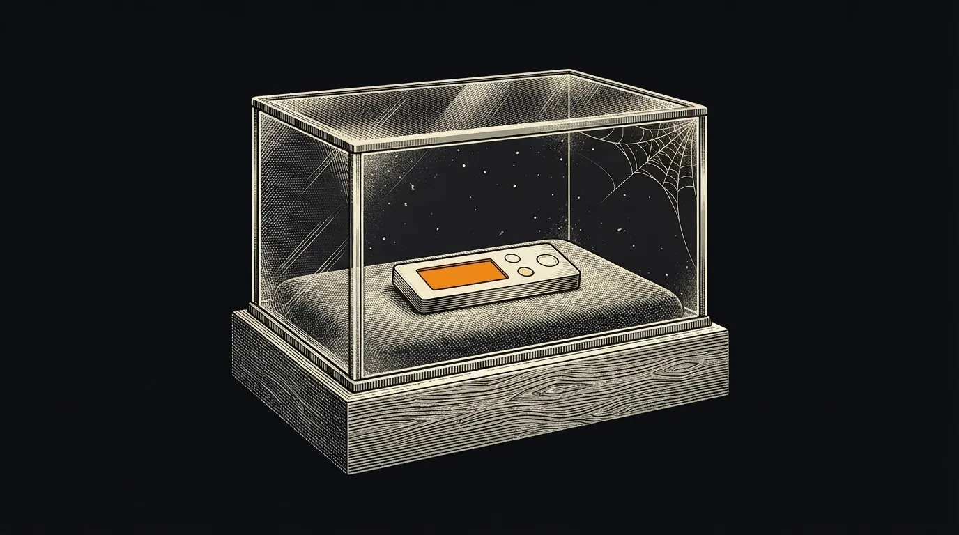 A hardware wallet sealed inside a dusty glass case with no latch or keyhole.