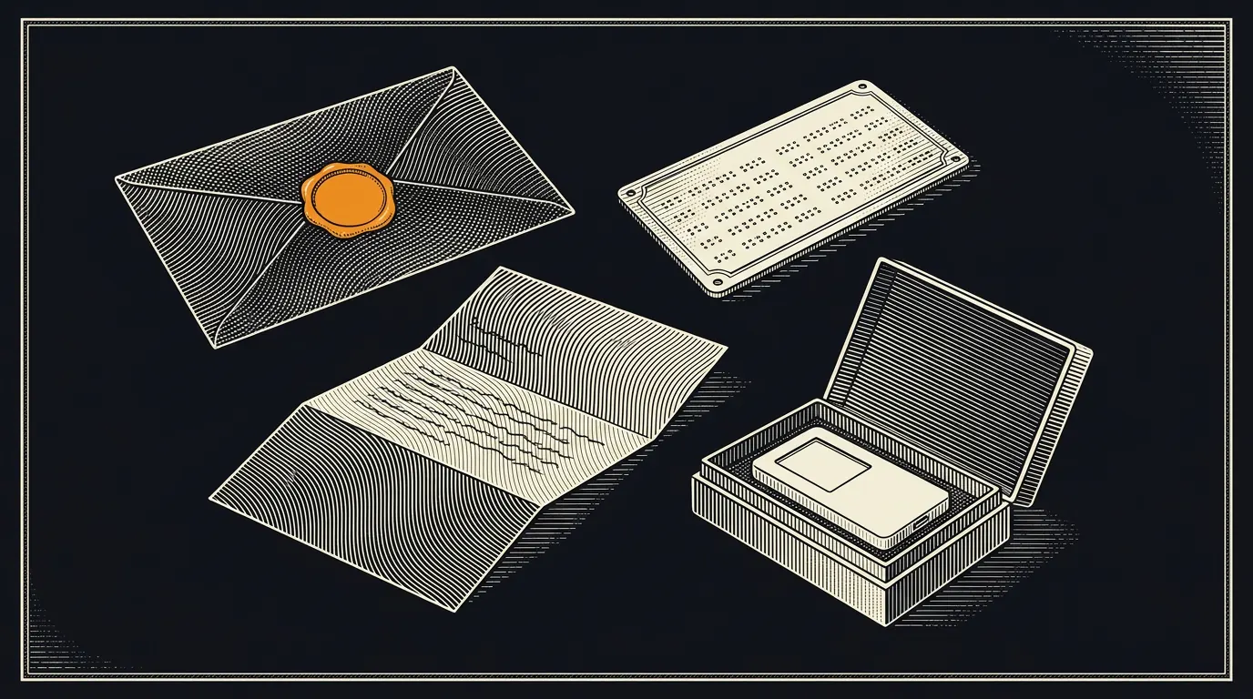 Engraving-style illustration of an inheritance kit: a wax-sealed envelope, a steel seed backup plate, a folded letter of instructions and a boxed hardware wallet.