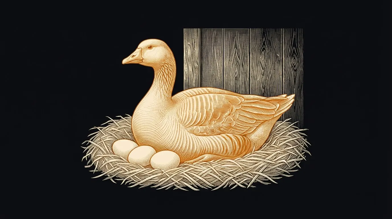 A goose sitting on a straw nest beside three eggs.
