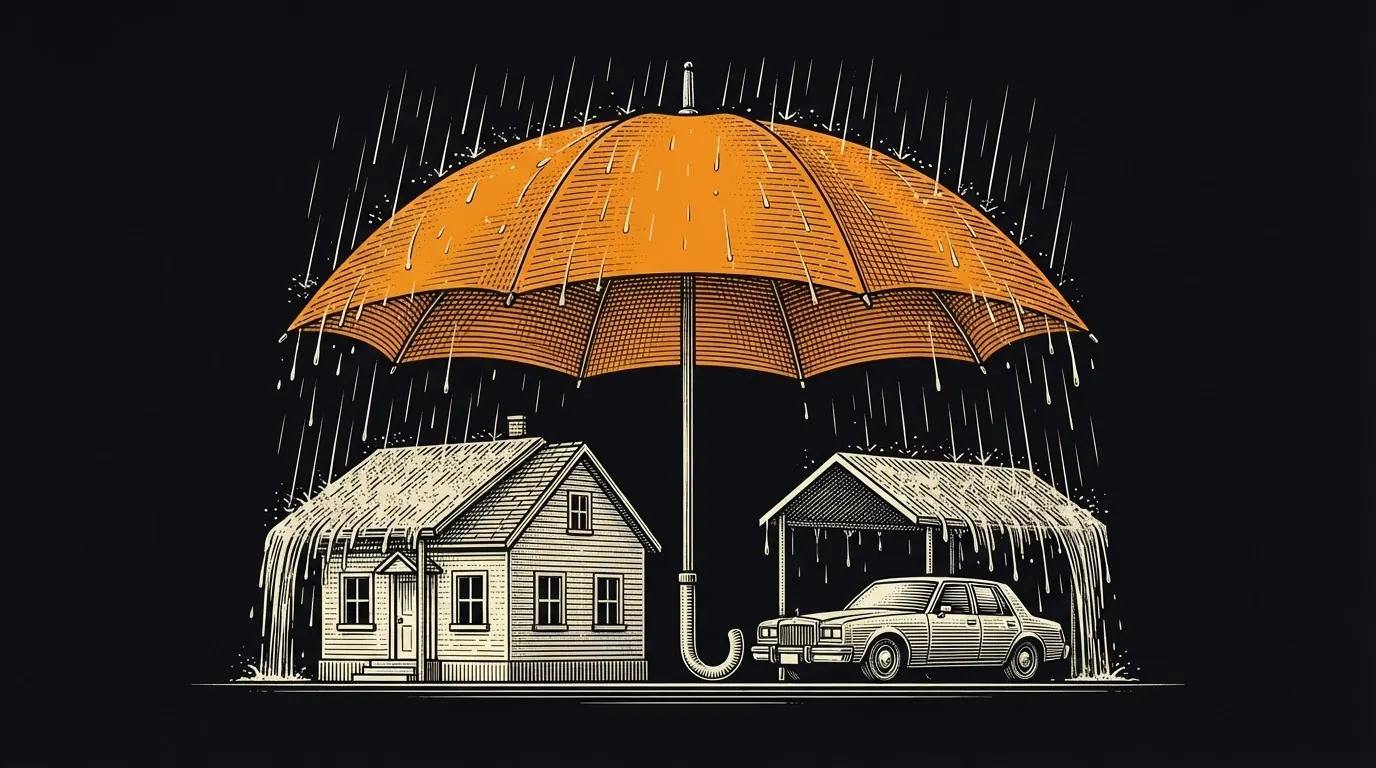 A large umbrella sheltering a house and a car that each have their own smaller canopy in heavy rain.
