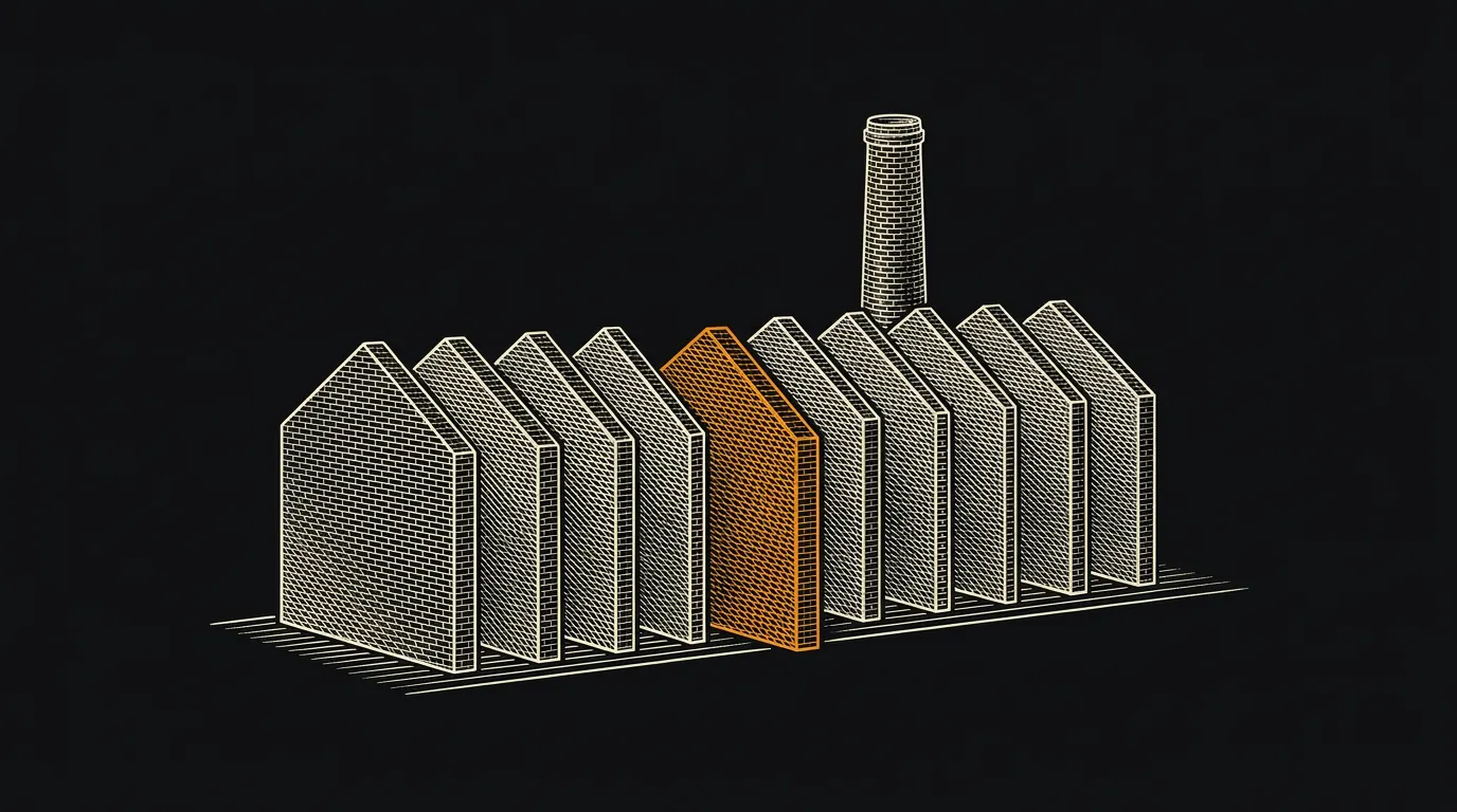 A factory sliced into thin vertical sections with one slice pulled forward.