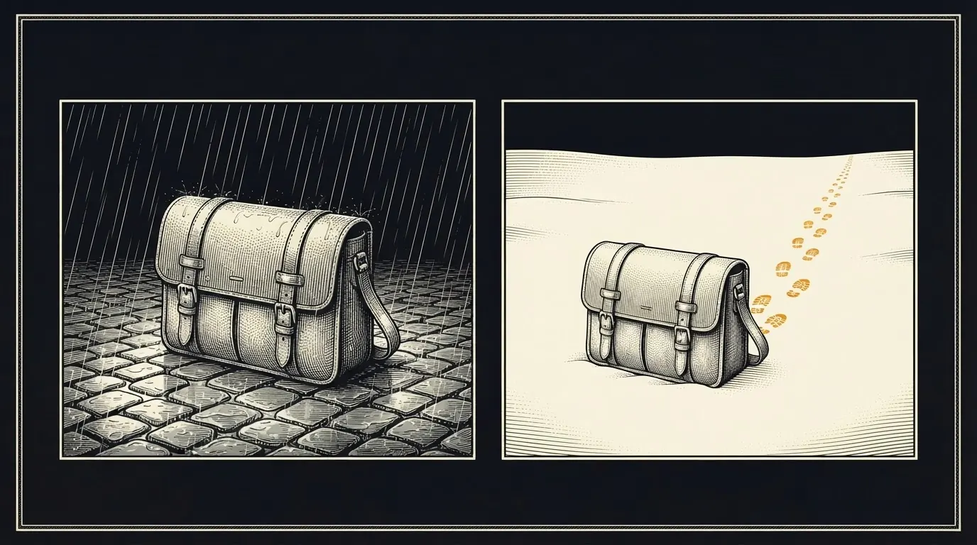 Two panels: a satchel on rainy cobblestones with no trail, and an identical satchel in snow at the end of a long line of footprints.