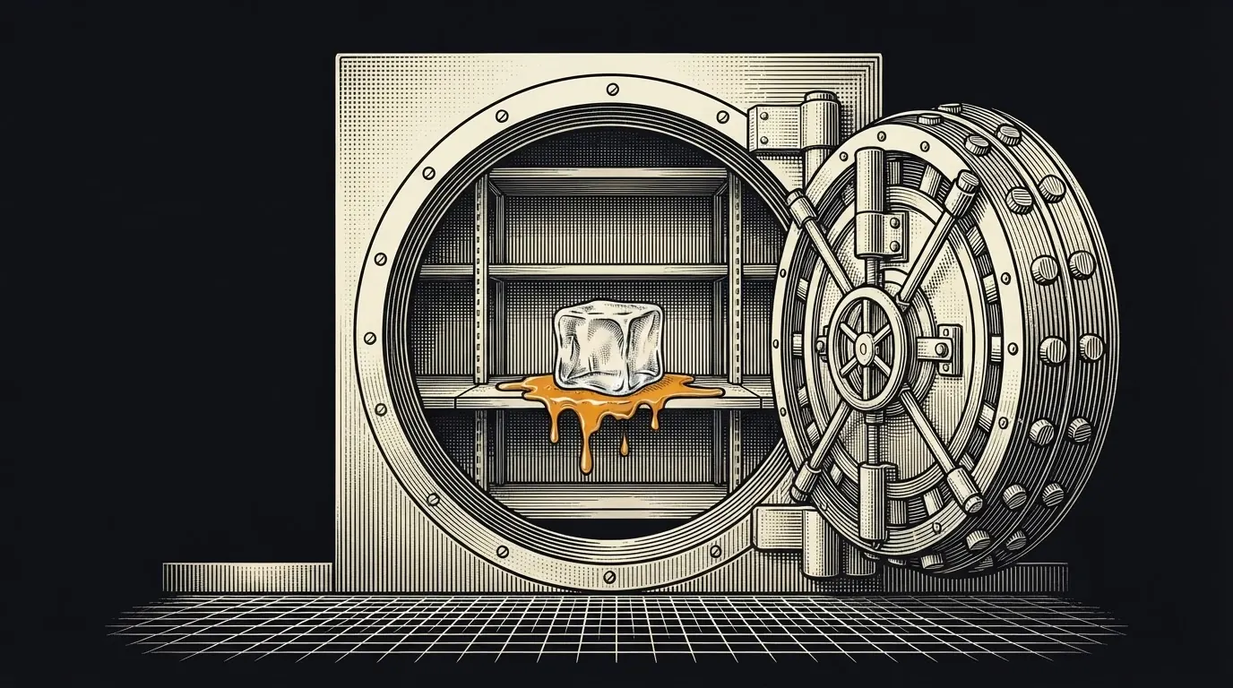 An open bank vault where a block of ice on a shelf is melting into a puddle.