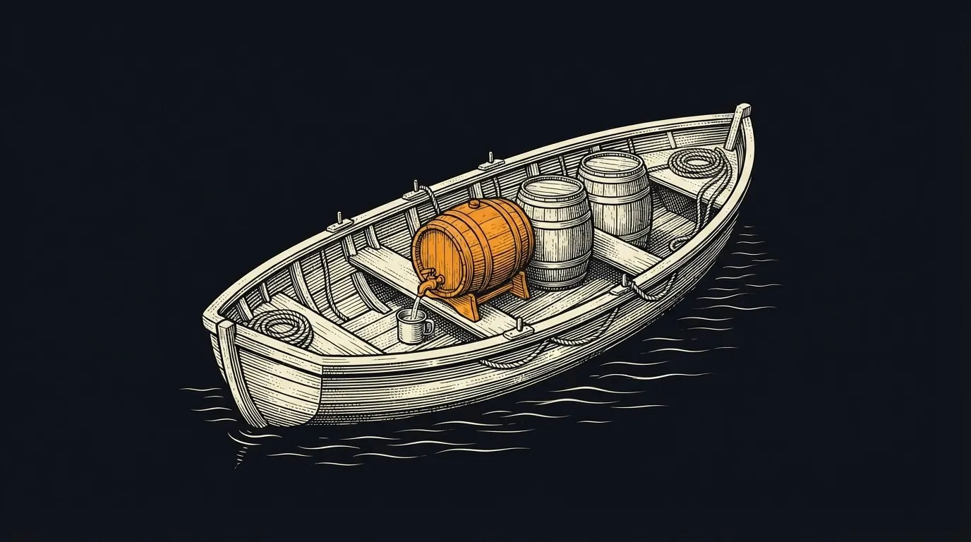 A lifeboat carrying three water casks, one tapped into a cup.