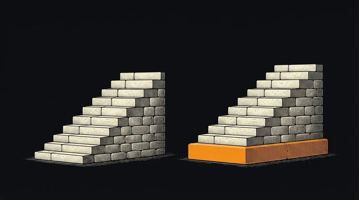 Two identical staircases, one raised on a stone block so each of its steps sits higher.