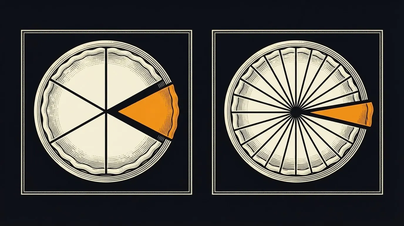 Two panels of identical pies, one cut into six slices and one into twenty-four, with one slice lifted from each.