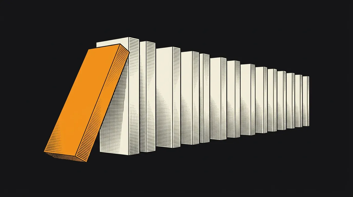A long curving line of blank dominoes with the first one, in orange, tipping over.