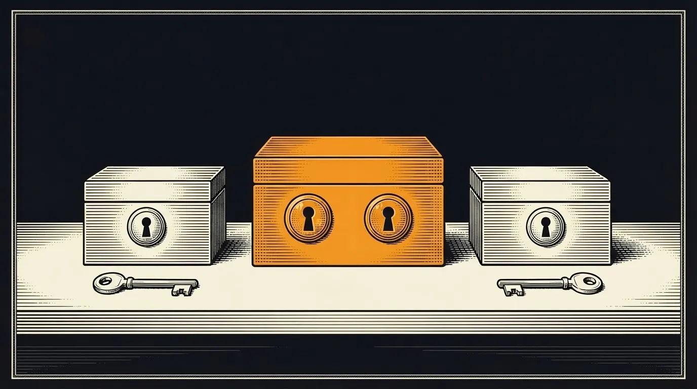 Two small single-lock boxes flanking a larger box with two keyholes, the center box in orange.