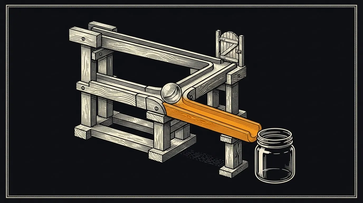 A marble at a fork in a wooden run, with a smooth downhill track to a jar and an uphill track blocked by a gate.