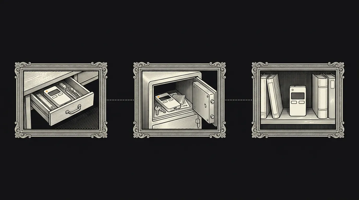 Three framed illustrations of the same kind of hardware wallet kept in three places: a home desk drawer, a bank safe-deposit box and a bookshelf.