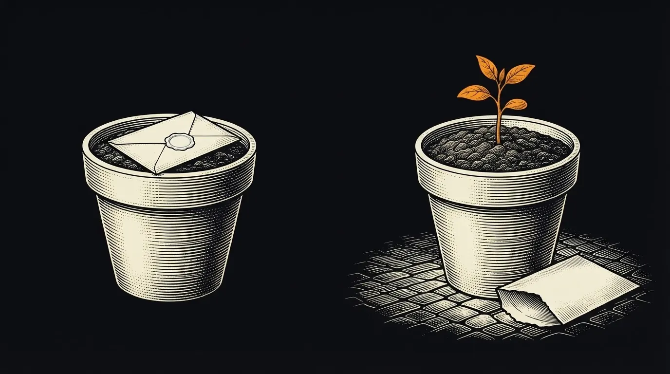 Two identical flowerpots: one with an unopened seed packet on the soil, one with a sprouted seedling in orange.