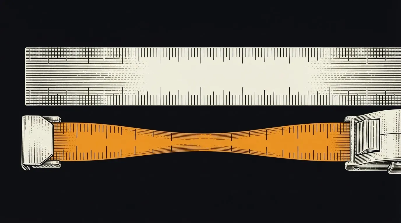 A rigid steel ruler beside a stretched rubber tape measure whose marks are pulled apart.