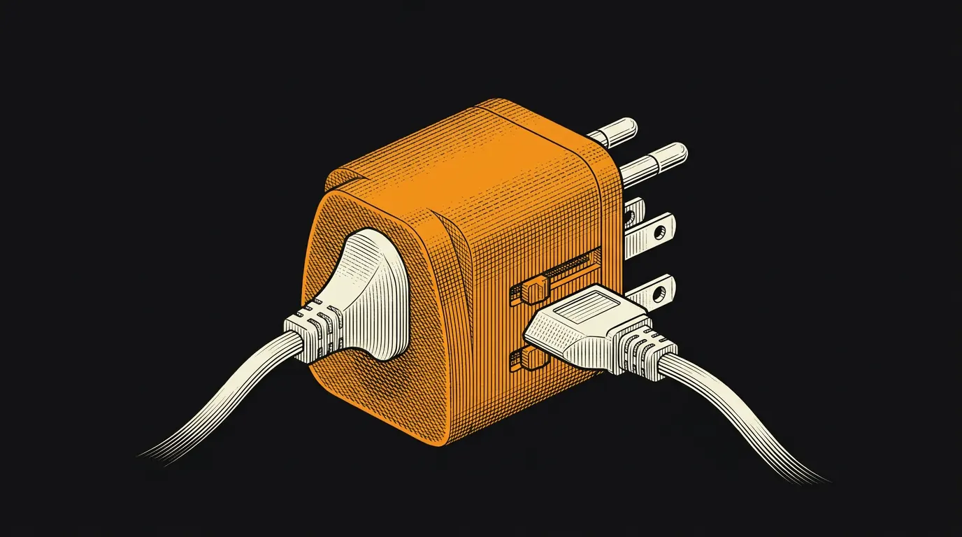 A plug in a universal travel adapter in front of three differently shaped wall sockets.