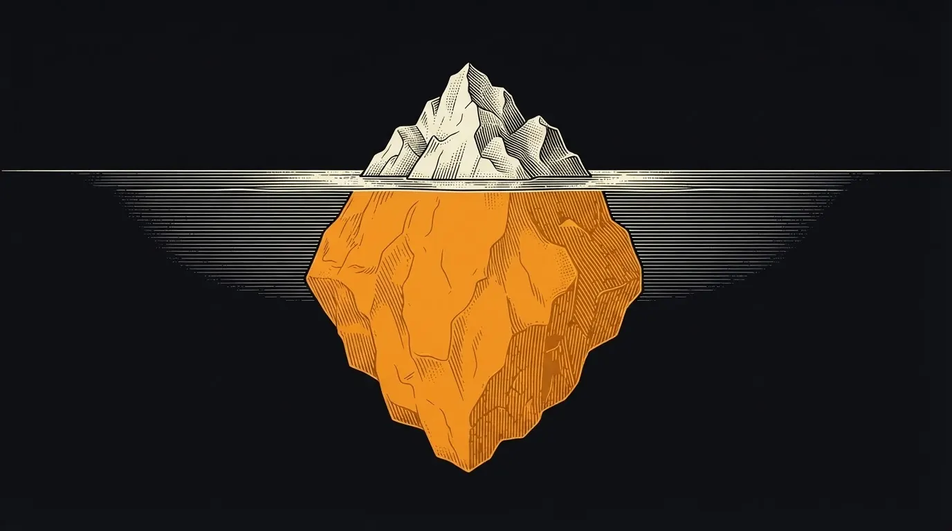 An iceberg with a small tip above water and a much larger mass, in orange, below the surface.