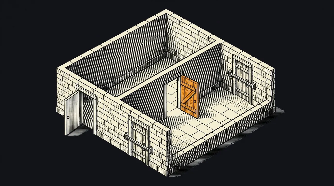 Cutaway of two adjoining vault rooms: the right room's street door is barred, the left room's door is open, and an orange connecting door joins them.