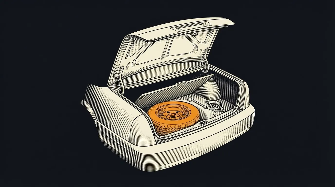 An open car trunk with the floor lifted to show a spare tire, in orange, a lug wrench and a jack.