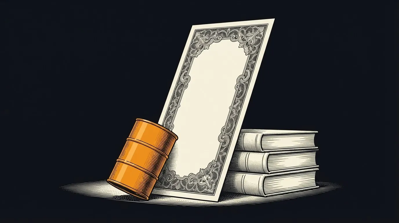 A giant blank banknote standing on edge, propped by an oil barrel in orange and a stack of ledgers.
