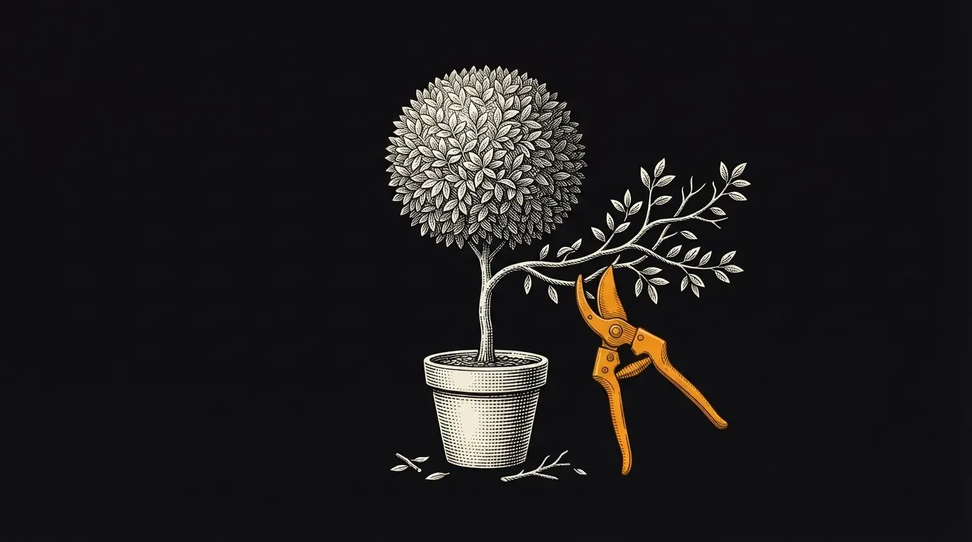 A shaped potted tree with one overgrown branch and orange pruning shears poised to cut it.