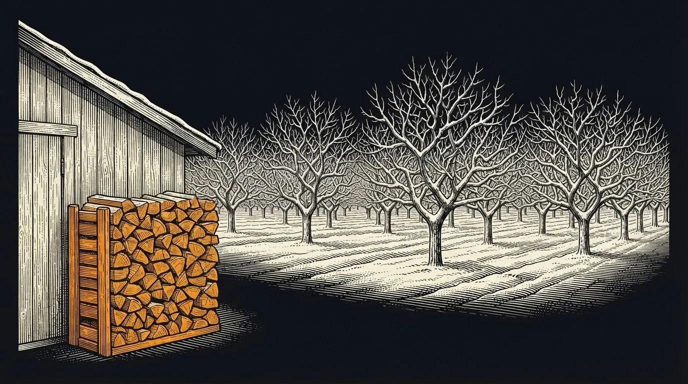 A snowy orchard of intact bare trees beside a partly used woodpile, in orange, stacked against a shed.