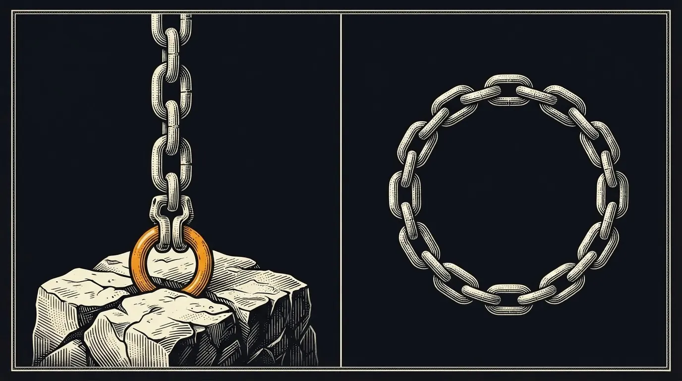 A chain anchored to bedrock beside a chain looped onto itself and attached to nothing.