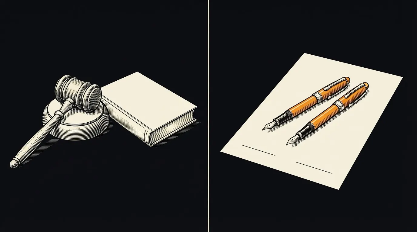 A judge's gavel beside two orange fountain pens resting on a blank agreement.