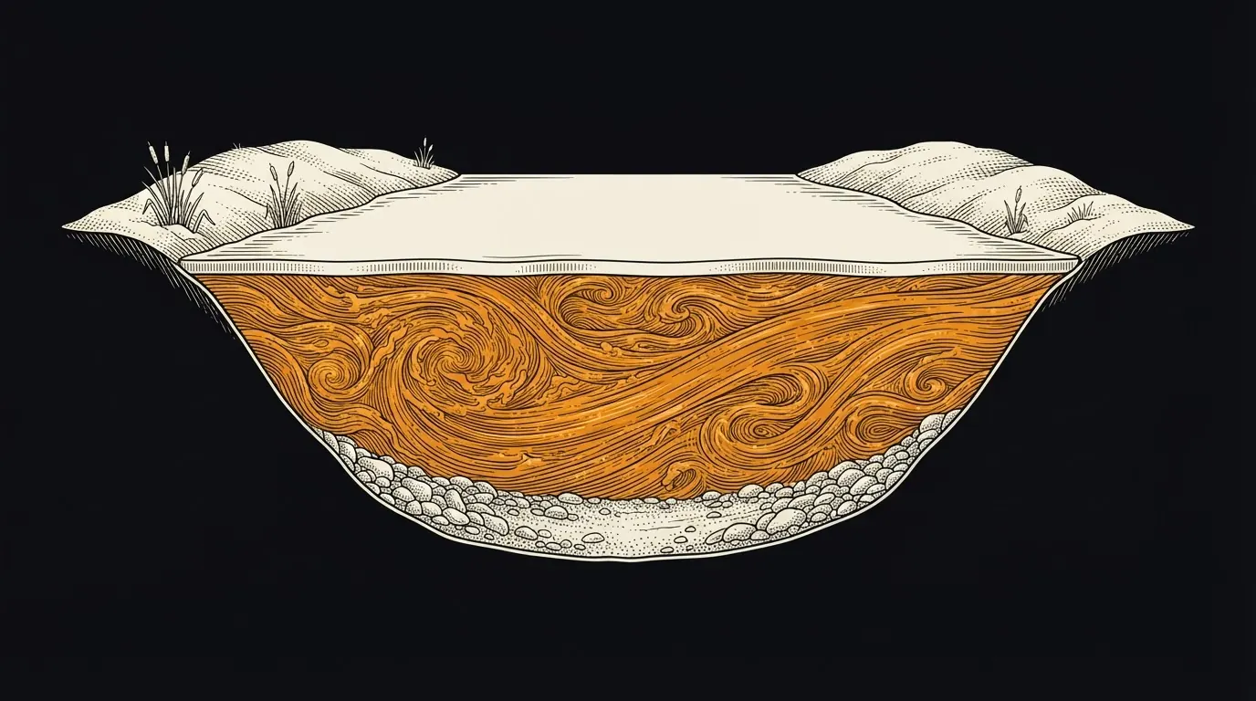 A cutaway of a frozen river with smooth ice on top and a swirling orange current underneath.
