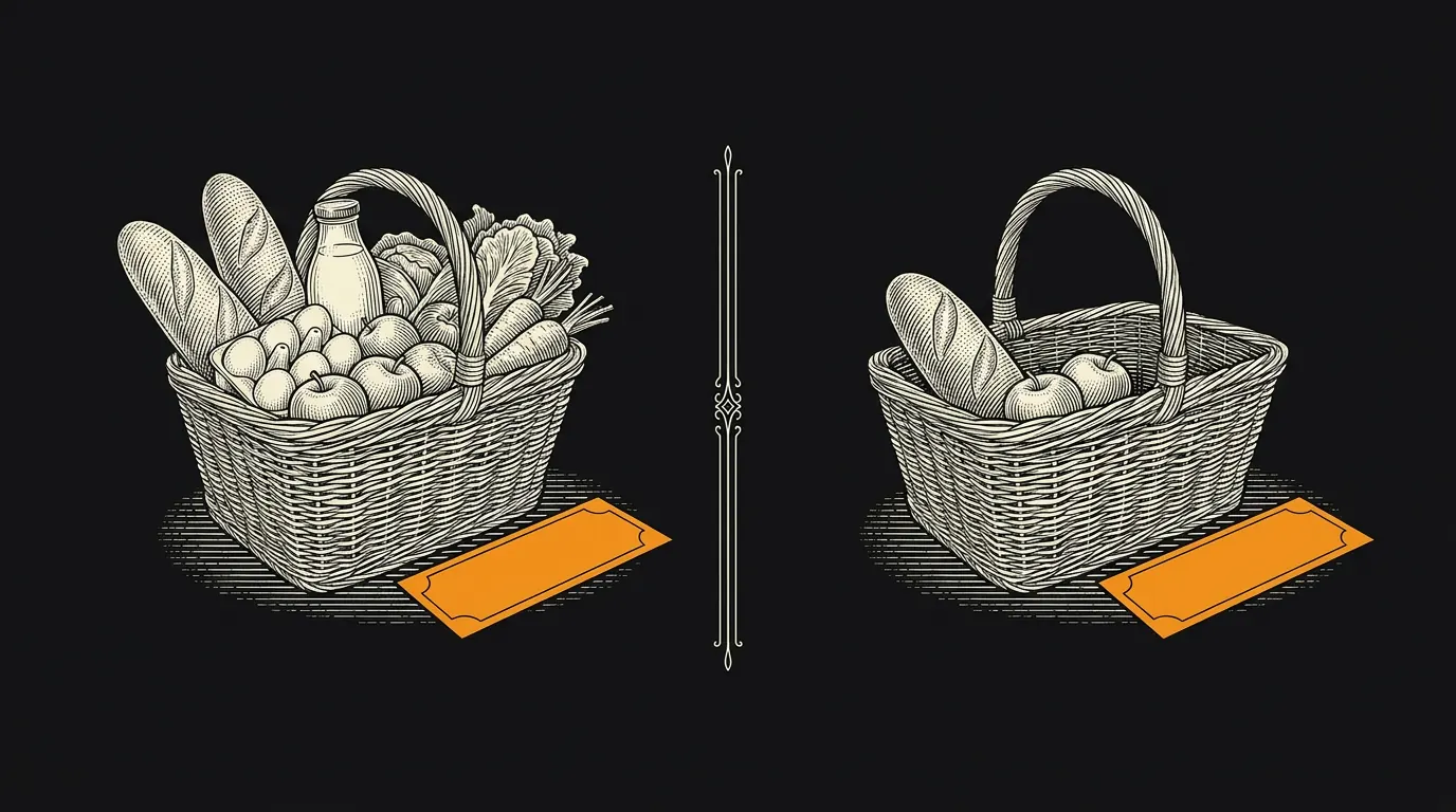 Two illustrations side by side: the same banknote next to an overflowing grocery basket, then next to a basket holding only a loaf and two apples.