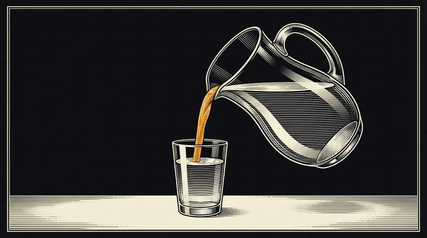 A pitcher pours into a small glass; the pitcher's level falls by what the glass gains.