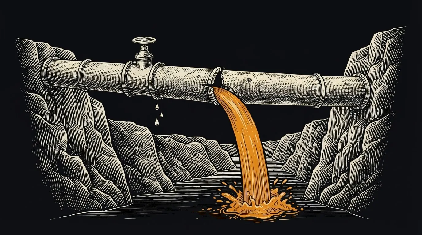 A pipe crossing a river gorge drips a little at a visible valve and leaks far more from a hidden seam underneath.
