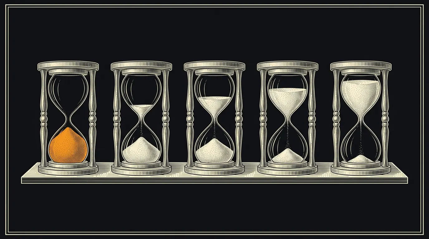 Five hourglasses in a row, started a year apart; the leftmost has run out while the others are still running.