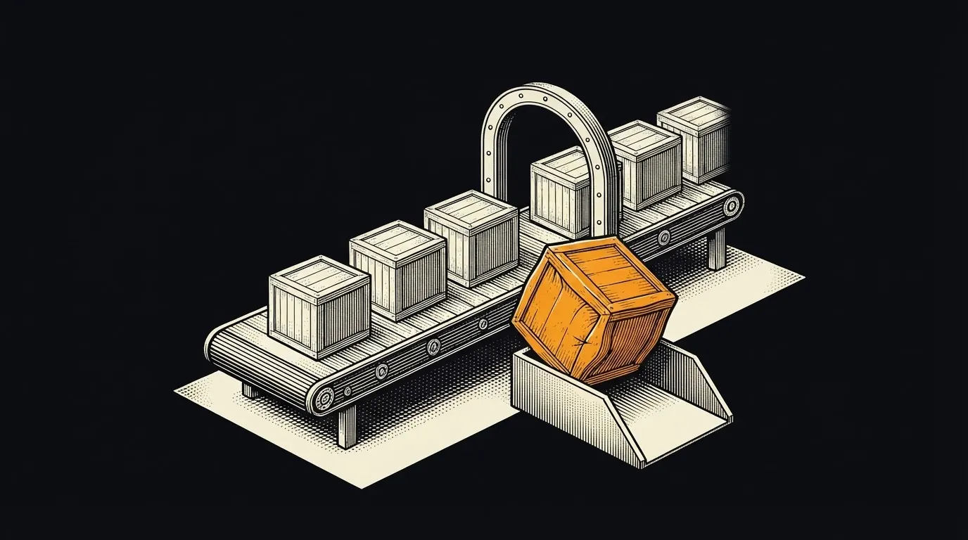 Blocks on a conveyor pass through an inspection gate; one oversized block is pushed off into a reject chute.