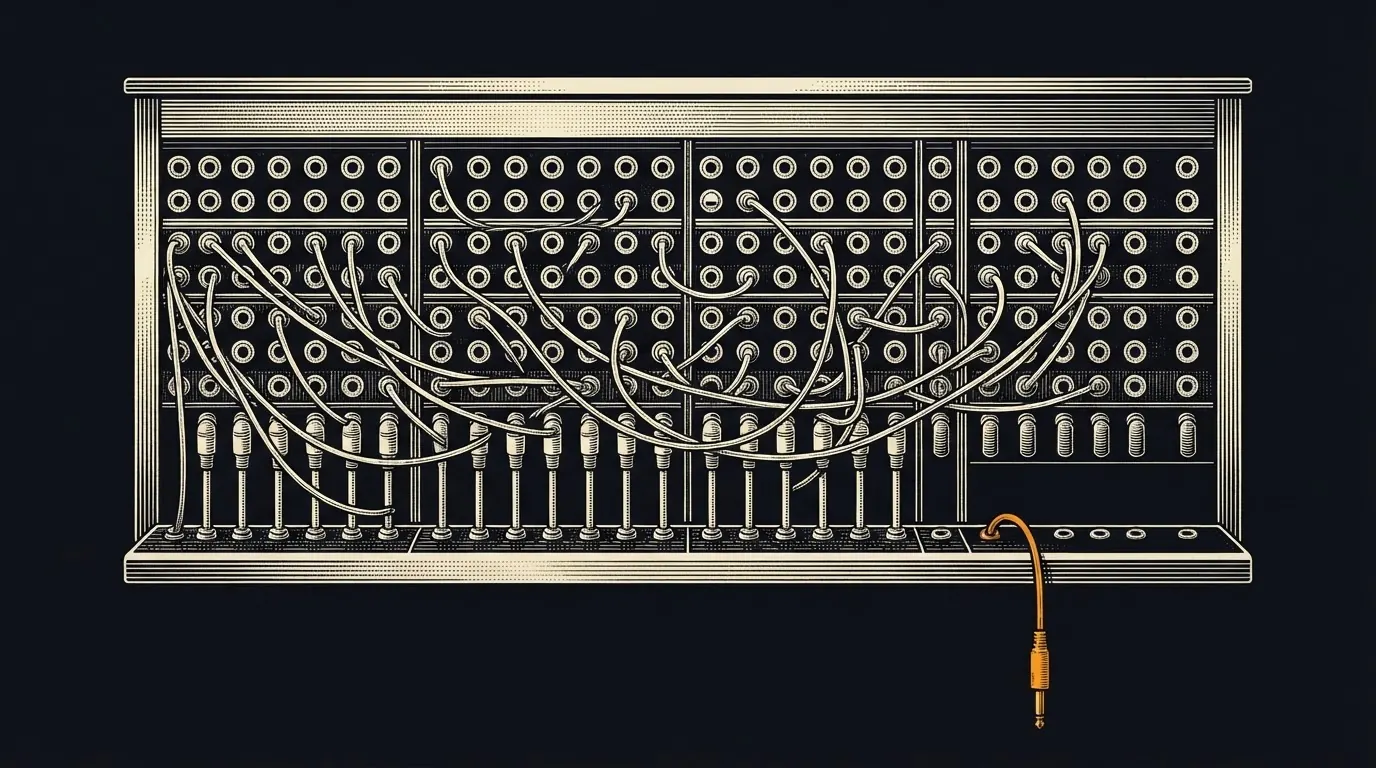 An old telephone switchboard full of connected patch cords, with one cord pulled out and hanging loose.