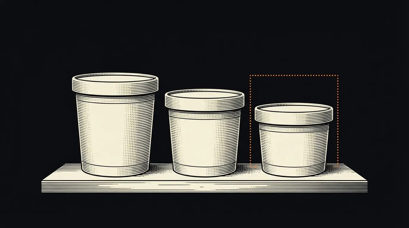 Three matching ice cream cartons, each shorter than the last, with a dotted outline above the smallest showing the original height.