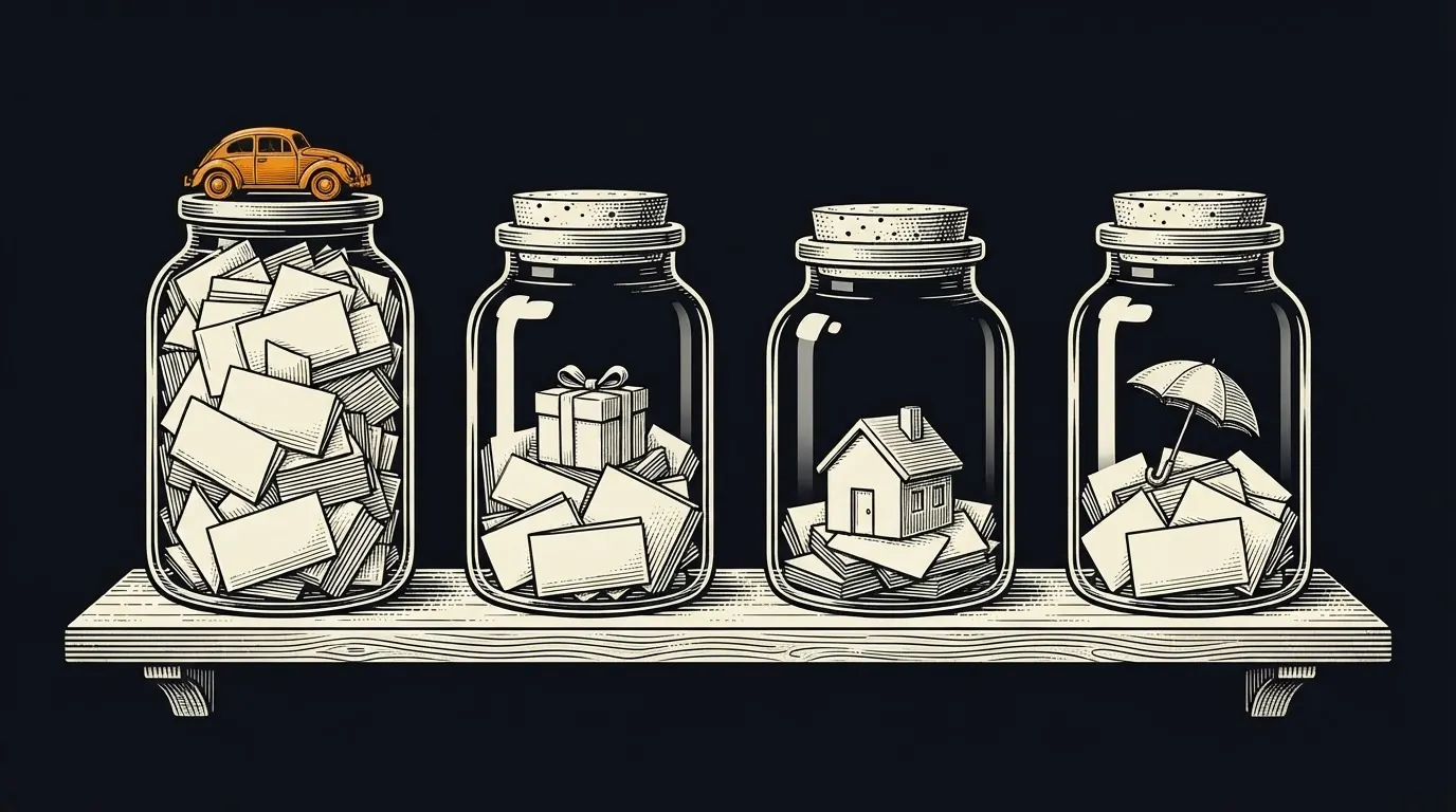 Four glass jars on a shelf, each marked by a small token (toy car, gift box, model house, umbrella) and filled to different levels.