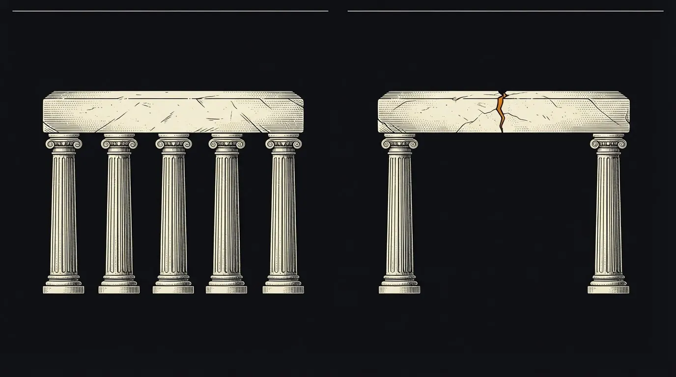 Left, a stone slab on five columns; right, the same slab on two columns with a crack through its middle.