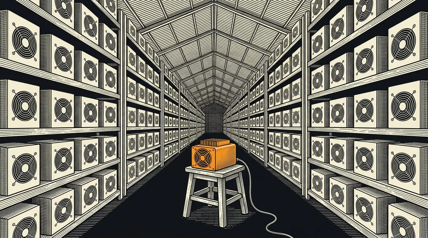 A single small home miner on a stool in front of an enormous warehouse filled with endless rows of industrial mining machines.